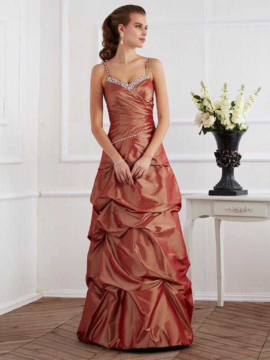 Sheath/Column Spaghetti Straps Sleeveless Beading Long Taffeta Dresses