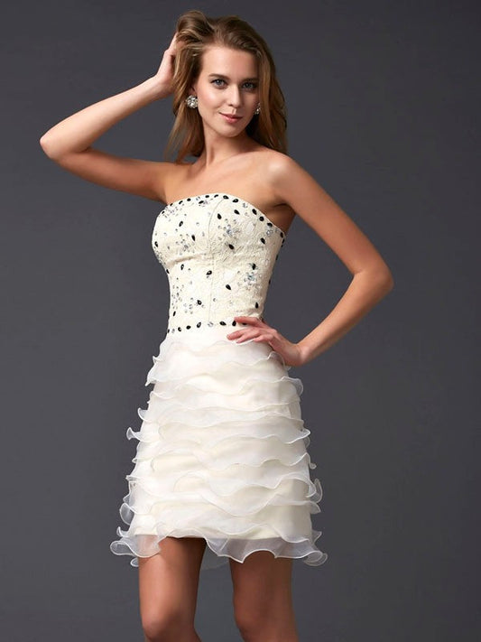 Sheath/Column Strapless Sleeveless Beading Short Tulle Homecoming Dresses