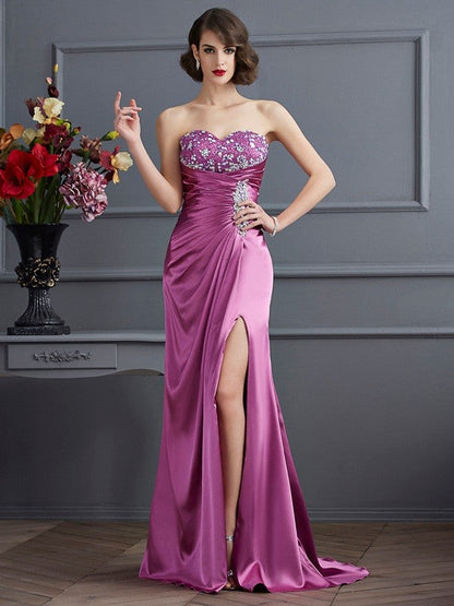 Sheath/Column Sweetheart Sleeveless Beading Long Elastic Woven Satin Dresses