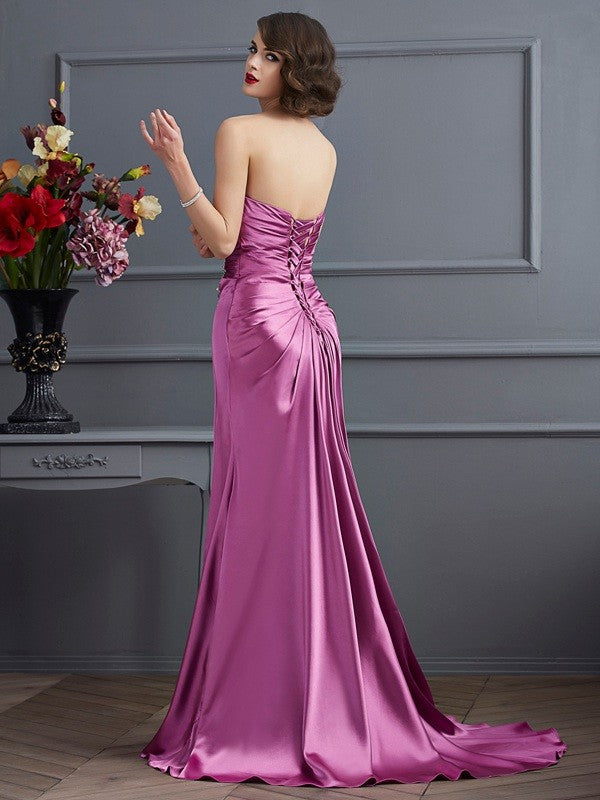 Sheath/Column Sweetheart Sleeveless Beading Long Elastic Woven Satin Dresses