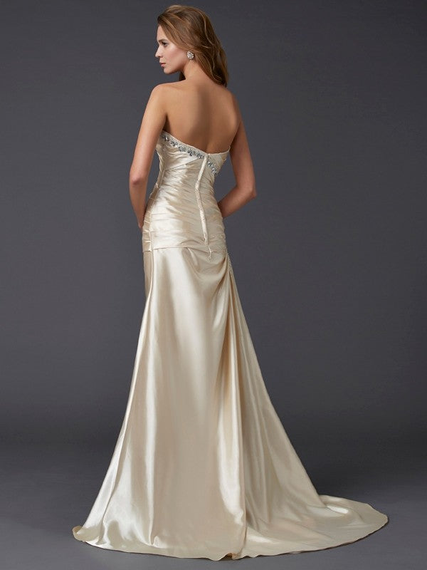 Sheath/Column Sweetheart Sleeveless Beading Long Elastic Woven Satin Dresses