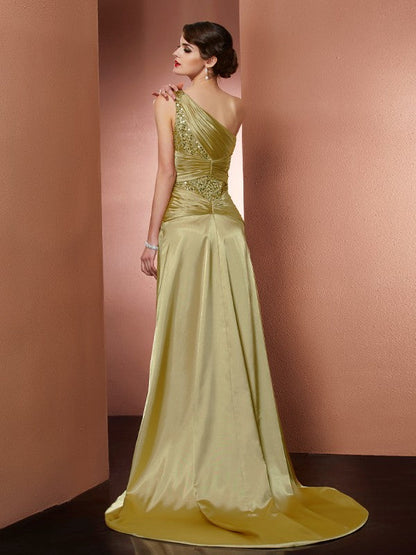 Sheath/Column One-Shoulder Sleeveless Beading Long Elastic Woven Satin Dresses