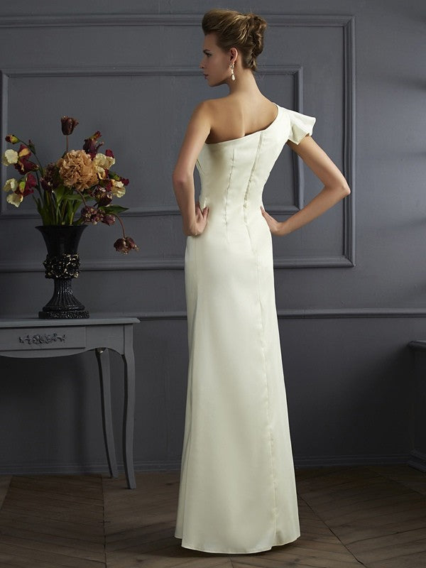 Sheath/Column One-Shoulder Sleeveless Pleats Long Elastic Woven Satin Bridesmaid Dresses