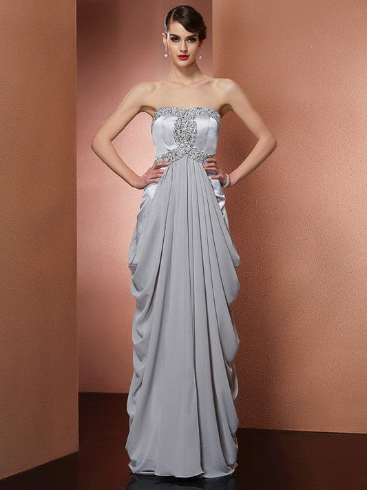 Sheath/Column Strapless Sleeveless Beading Long Chiffon Dresses