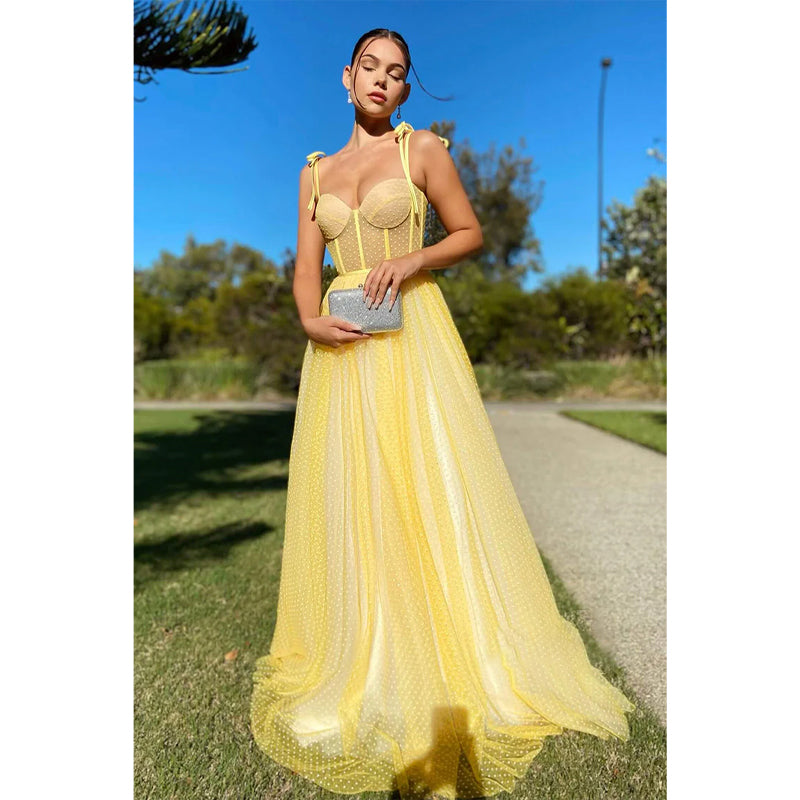 Spaghetti Straps Sweetheart Yellow Tulle Long Prom Dress