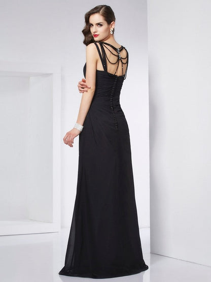 Sheath/Column V-neck Sleeveless Beading Long Chiffon Dresses