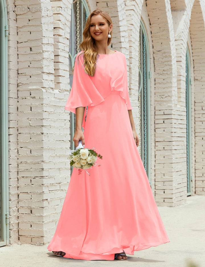 Numbersea Bridesmaid Dress Women Long Sleeve V-Neck Chiffon Formal Wedding Party 28018