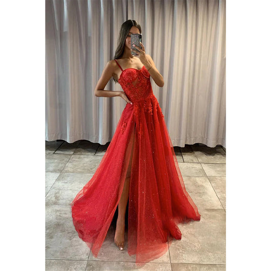 Women'traps Red Tulle Appliques Long Prom Dress with Slit