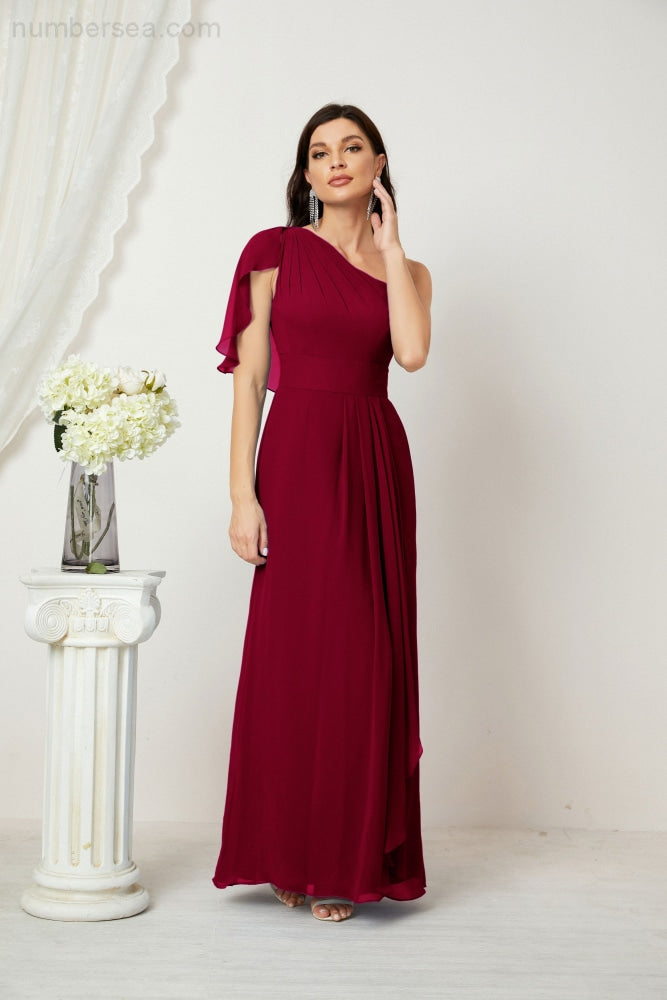 Numbersea Chiffon Ruffled One Shoulder Long Bridesmaid Dresses A-line Formal Evening Gown Side Split 2809-numbersea