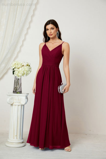 Numbersea Chiffon V-Neck Bridesmaid Dress Spaghetti Strap Long Formal Party Prom Gowns with Slit 28010-numbersea