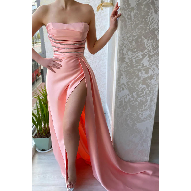 Strapless Beads High Split Pink Long Prom Formal Dress