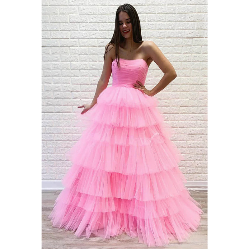 Strapless Pink Tulle Unique Tiered A-line Long Prom Dress