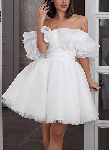 Wedding Dresses A-Line Off-The-Shoulder Sleeveless Short Mini Organza