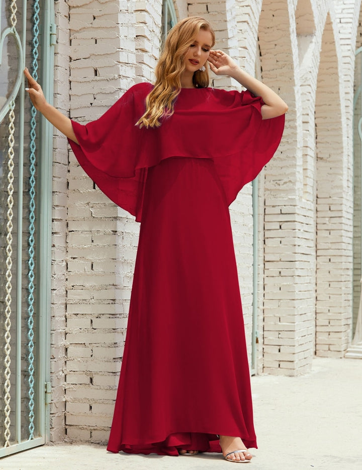 Numbersea Bridesmaid Dress Women Long Sleeve V-Neck Chiffon Formal Wedding Party 28018 Crimson