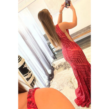 Unique One Shoulder Sequins Burgundy Prom Dress