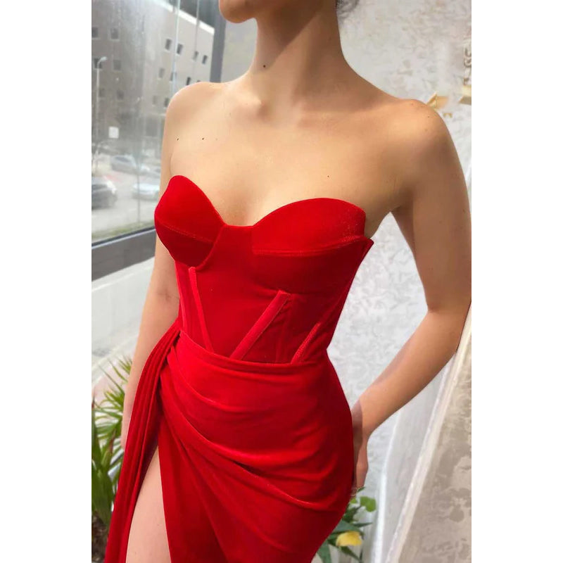 Sweetheart Strapless Ruched Velvet Sheath Long Prom Evening Dress