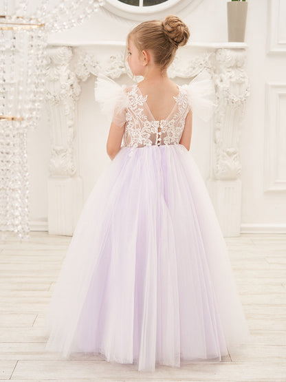 Detachable  Lace Tulle Sweep Train Flower Girl Dress