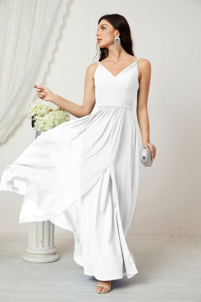 Numbersea Chiffon V-Neck Bridesmaid Dress Spaghetti Strap Long Formal Party Prom Gowns with Slit 28010-numbersea