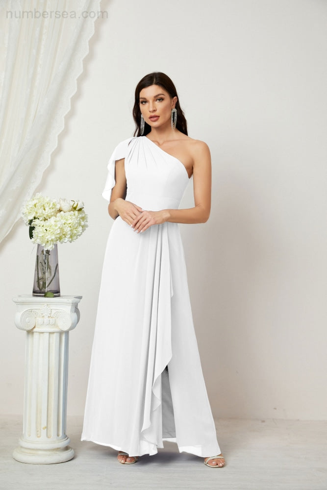 Numbersea Chiffon Ruffled One Shoulder Long Bridesmaid Dresses A-line Formal Evening Gown Side Split 2809-numbersea