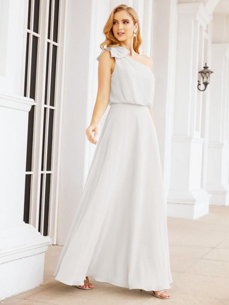 Numbersea Chiffon Ruffled One Shoulder Sleeveless Long Bride Dresses A-line Formal Evening Gown Side Split 28057-numbersea