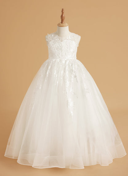 Ivory Lace and Tulle Flower Girl Dress with Floor-Length Design and Elegant Bow (2003227417)