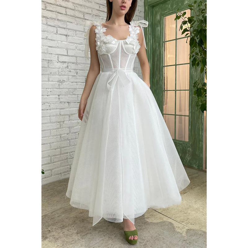 Double Straps 3d Flowers Ivory Tulle Vintage Prom Dress with Pockets