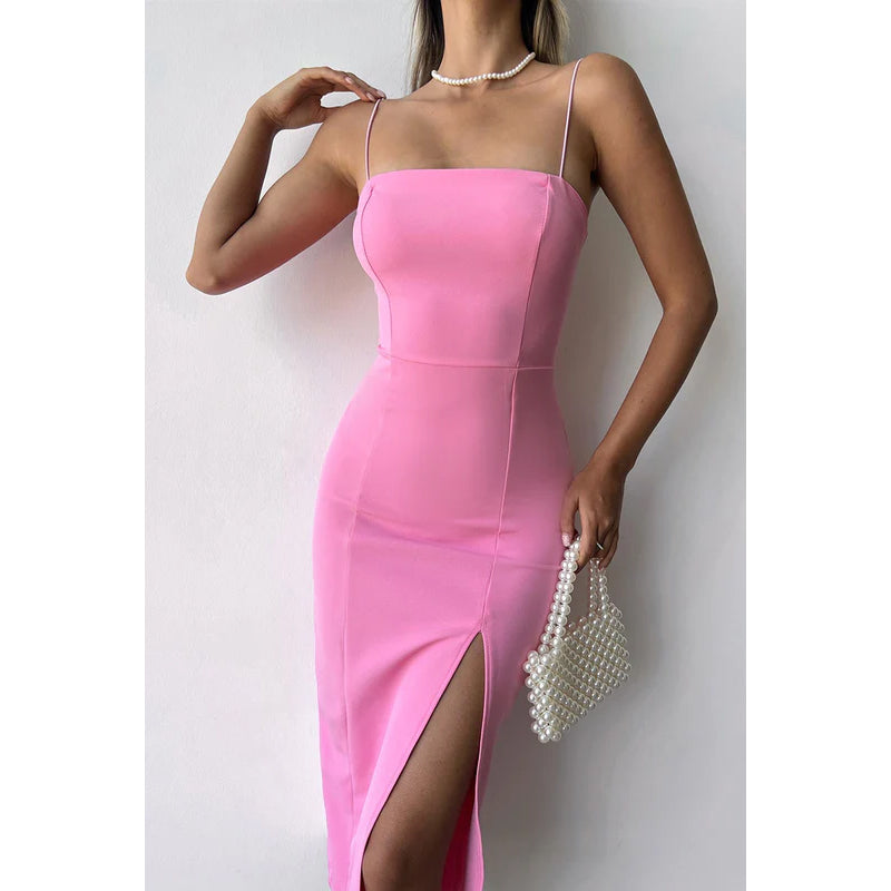 Sheath/Column Spaghetti Straps Satin Knee Length Evening Dress