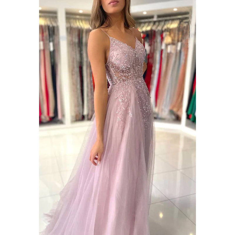 Elegant Spaghetti Straps V-neck A-Line Slit Tulle Formal Prom Dress with Applique