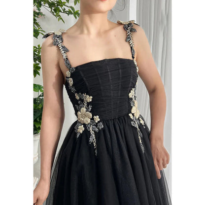 Elegant & Luxurious Straps Square A-line Tulle Formal Prom Dress With Applique