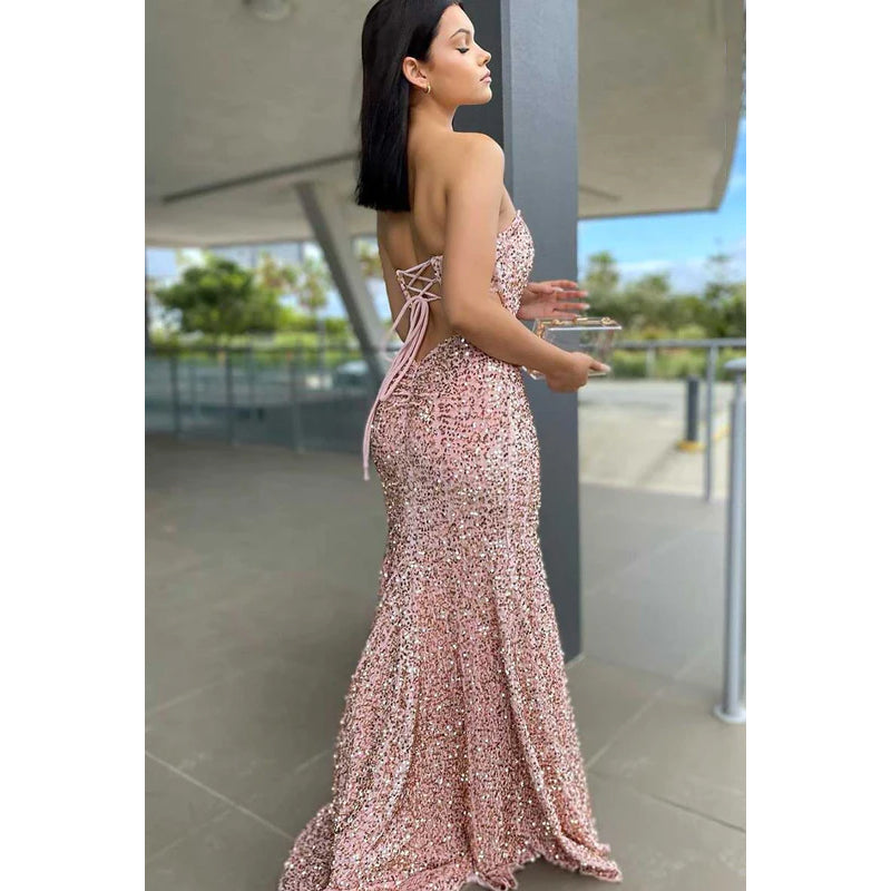 Sweetheart Strapless Sequined Thigh Slit Sheath Long Prom Dress