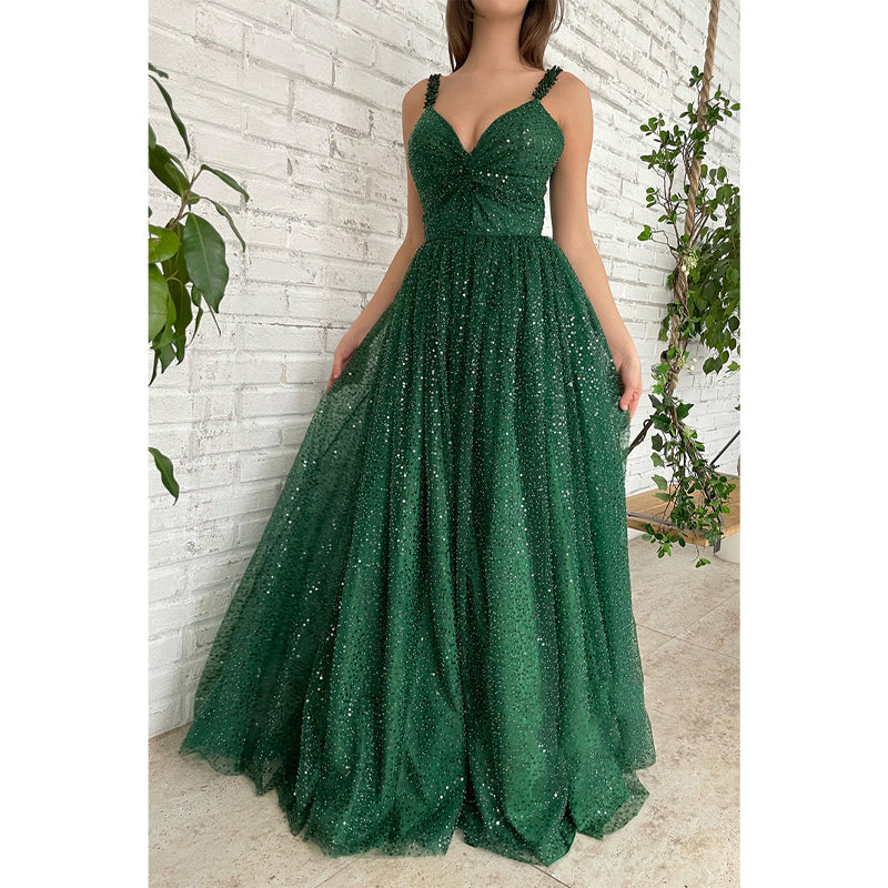 Vestido de fiesta largo con tirantes finos, lentejuelas y bolsillos brillantes de color verde para mujer