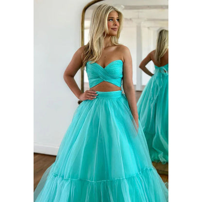 Strapless Ruched Tulle A-Line Long Homecoming Court Dress