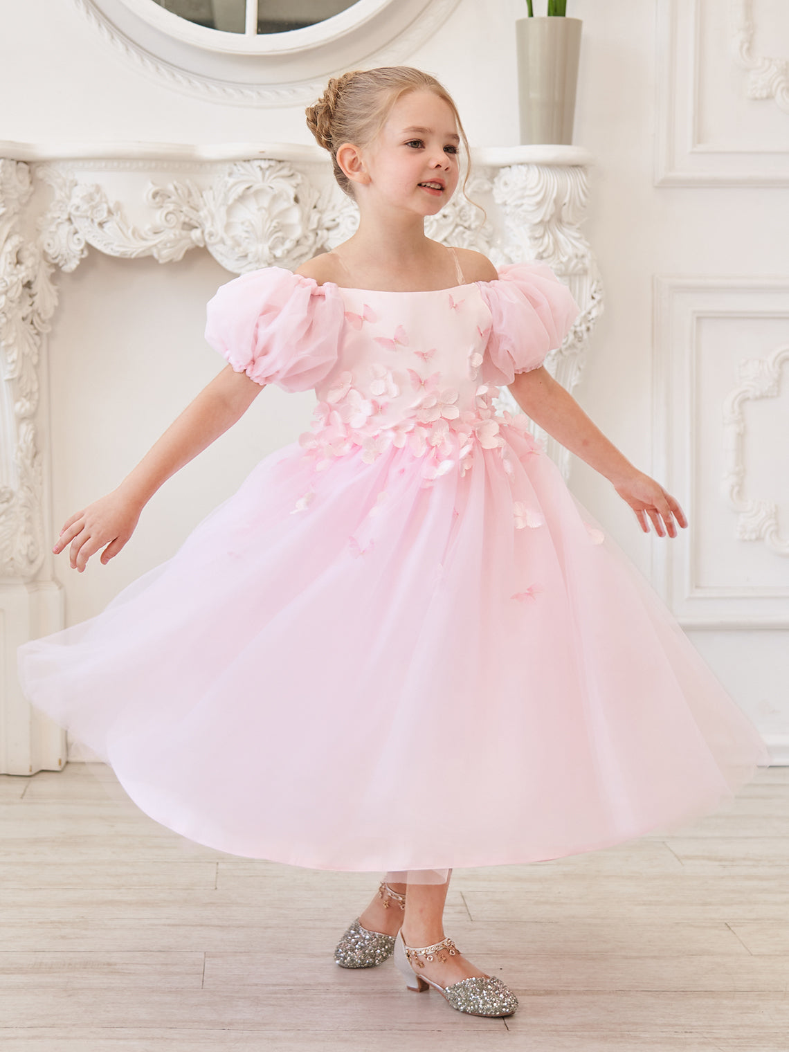 Puffy Sleeves Off-Shoulder 3D Floral Appliques Tulle Tea-length Flower Girl Dress