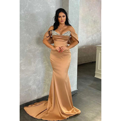 V-Neck Off-Shoulder Beaded Sheath Long Prom Gown With Sweep Train