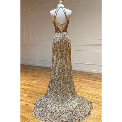 Sheath/column Gold Beaded Halter Long Prom Dress Formal Evening Dress