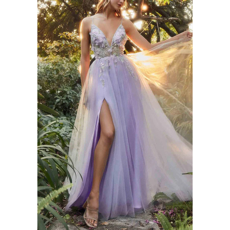 Langes Ball-/Abendkleid in A-Linie mit V-Ausschnitt, Blumenapplikationen und Perlen aus transparentem Tüll