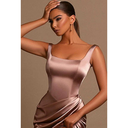 Square Neck Thigh Slit Ruched Sheath Long Prom Evening Dress