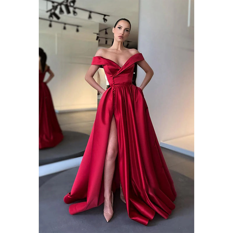 Unique Off Shoulder Satin Split A-line Lone Prom Dress with Pockets