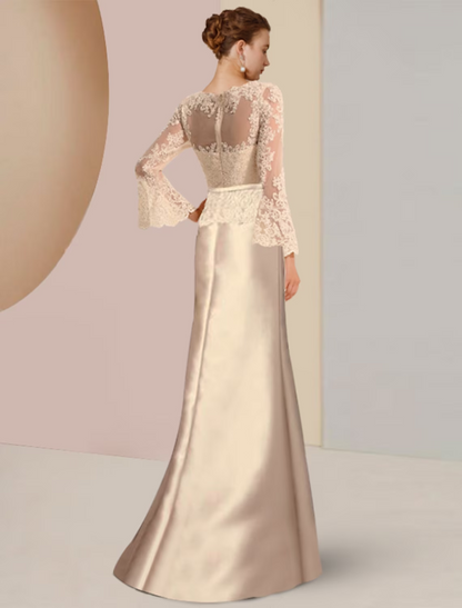 Sheath / Column Mother of the Bride Dress Wedding Guest Elegant Scoop Neck Sweep / Brush Train Satin Lace Long Sleeve with Beading Appliques