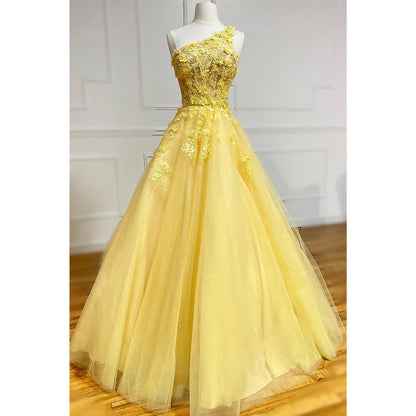 Unique One Shoulder 3d Appliques Yellow Prom Dress