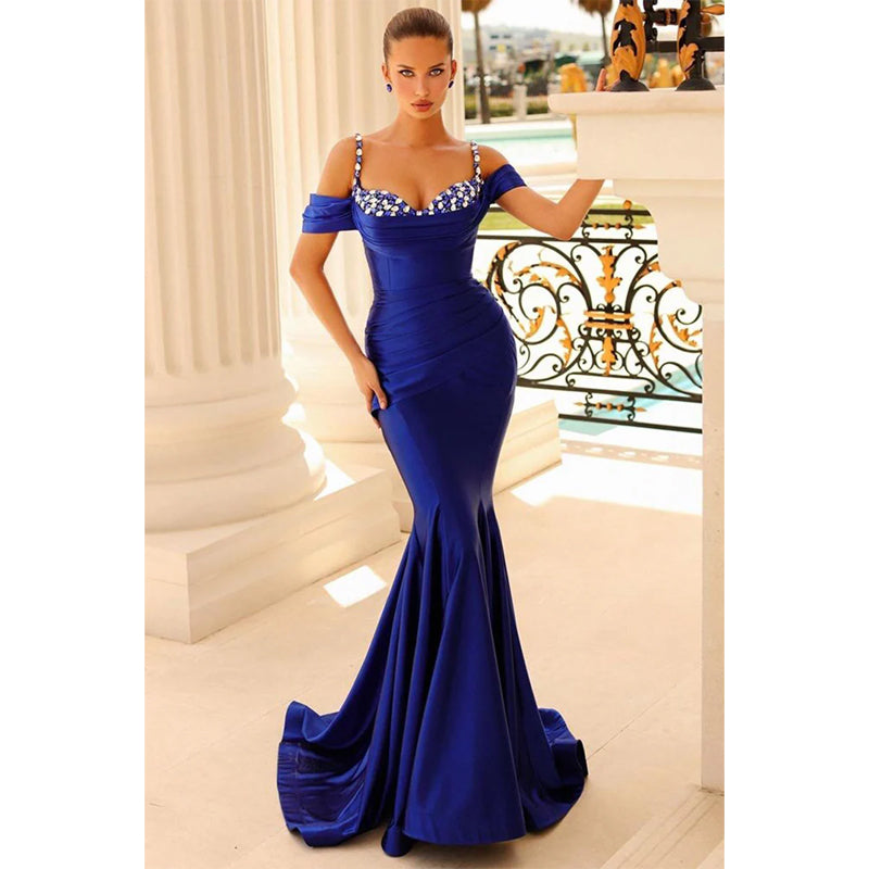 Spaghetti Straps Beads Satin Pleats Mermaid Long Prom Formal Dress