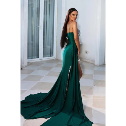 Sheath/Column Straps Beaded Satin Ruched Sleeveless Prom Evening Dress