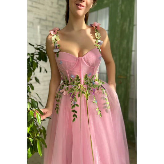 Spaghetti Straps Sweetheart 3d Appliques Pink Prom Dress with Pockets