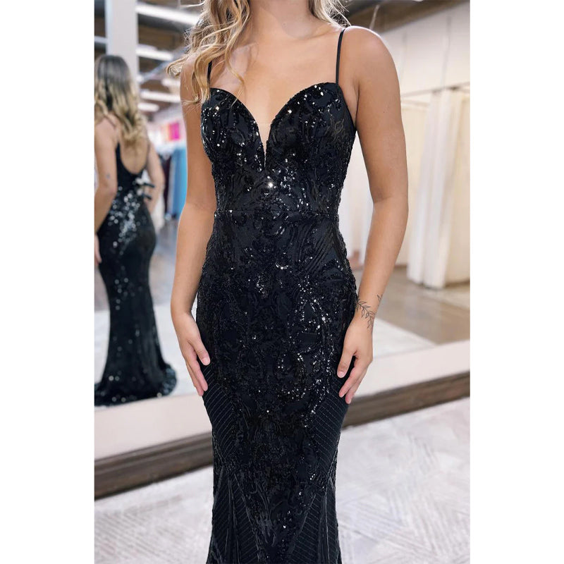 Trumpet V-neck Spaghetti Straps Appliques Party Prom Evening Dress