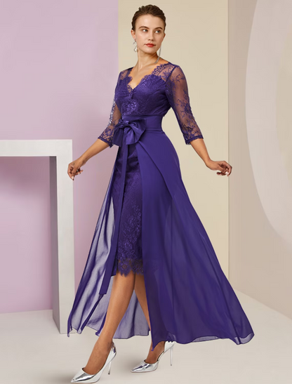 Zweiteiliges Etuikleid/Säulenkleid für die Mutter der Braut, formeller Hochzeitsgast, elegant, abnehmbar, V-Ausschnitt, knielang, Chiffon, Spitze, 3/4-Ärmel mit Schleife(n)