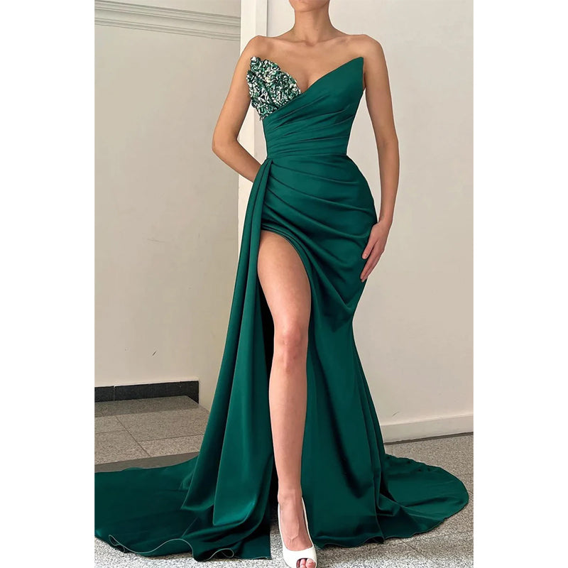 Sexy V-Ausschnitt Perlen Satin Falten Hoher Schlitz Langes Ballkleid