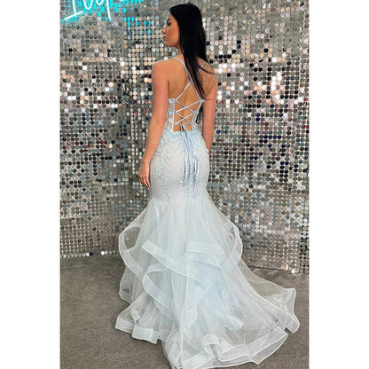 Spaghetti Straps Lace Appliqued Sheer Mermaid Long Prom Dress