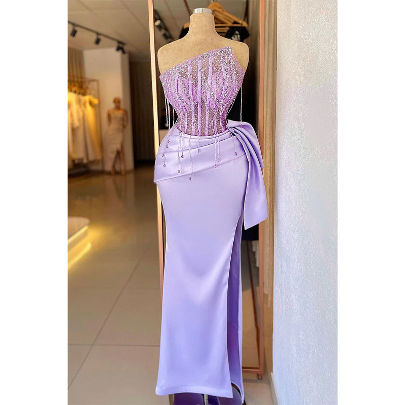 Plunging Strapless Beaded Fringe Lilac Sparkly Pleats Long Prom Dress