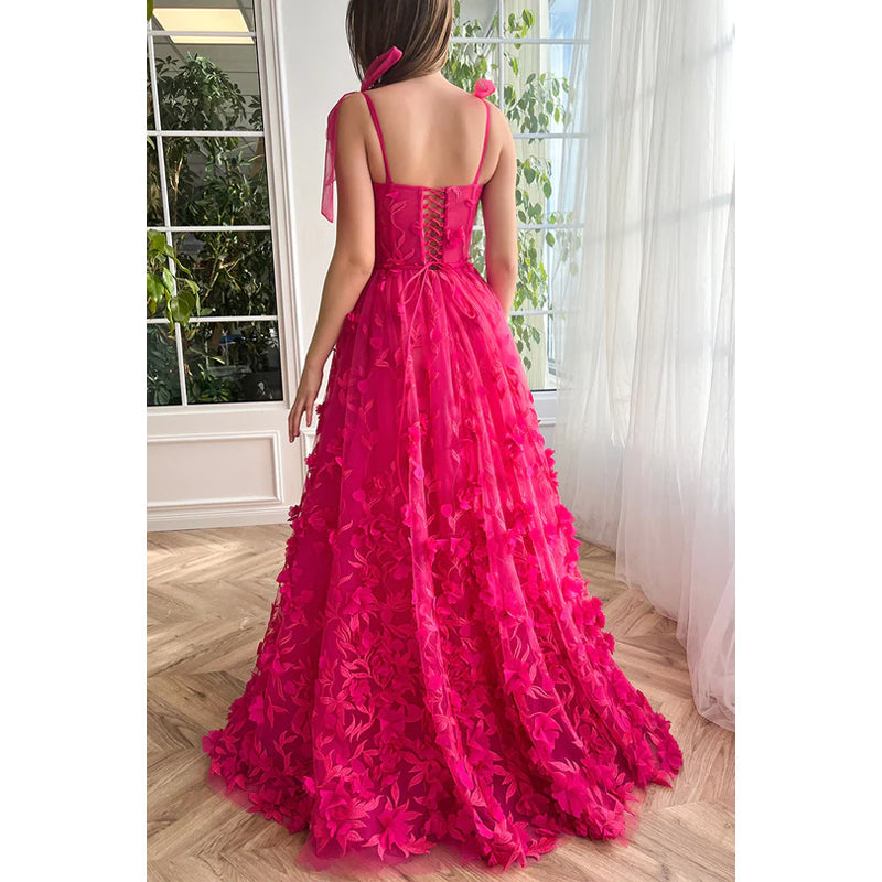 Square Neck Lace Appliqued Tulle A-Line Long Prom Evening Dress with Slit