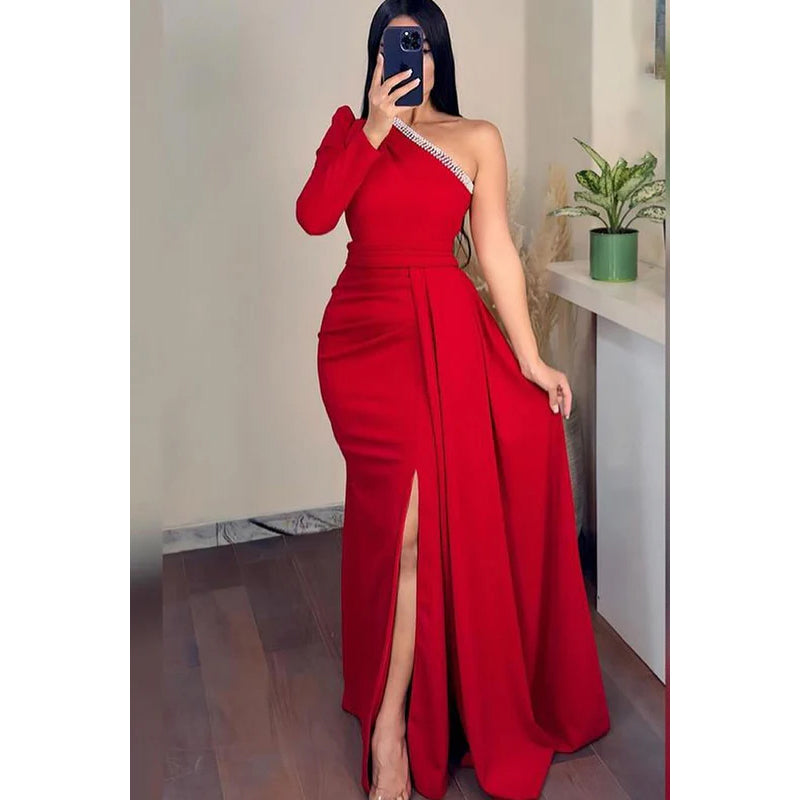 Simple & Casual One-Shoulder Sheath Slit Ruched Party Prom Dress